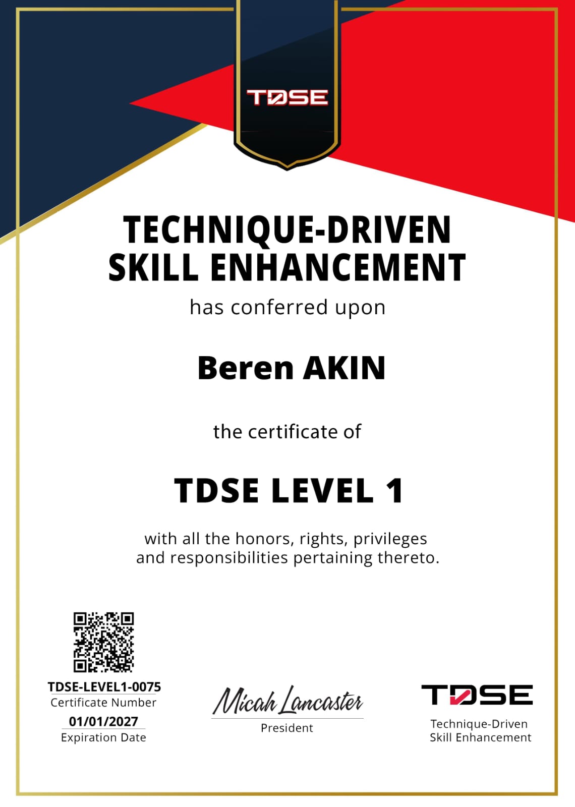 TDSE Level 1 Sertifikası — Beren Akın